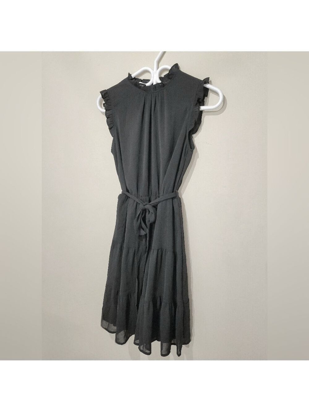 Elegant Black Dress with Ruffle Hem, Lining, Flutter Sleeves and Tie Belt, Small